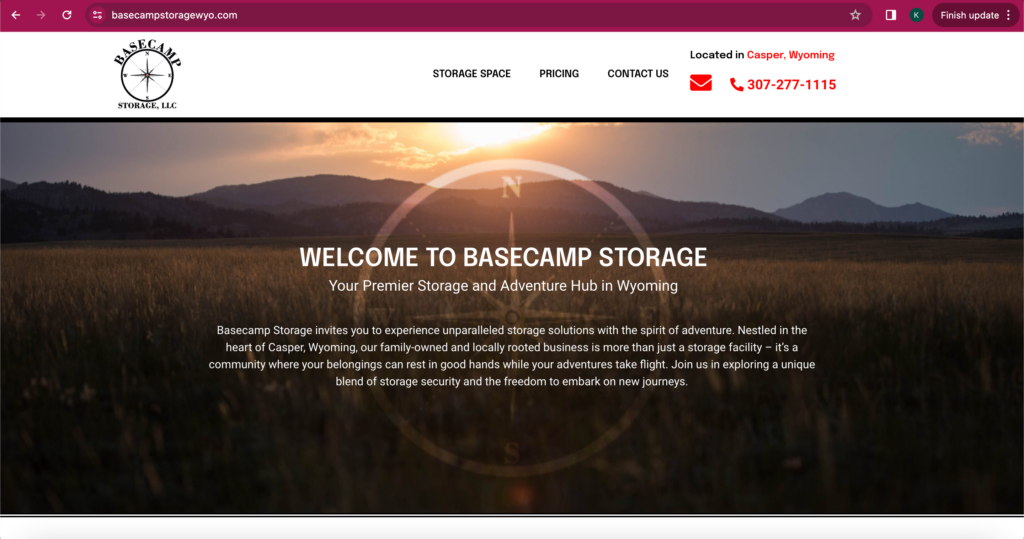 screenshot of Basecamp Storage Wyoming website