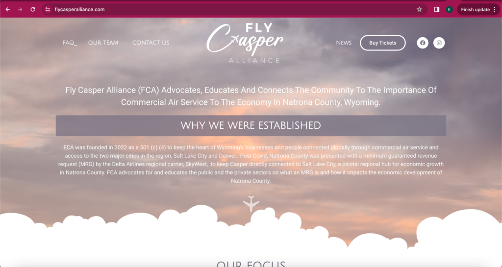 Screenshot showing the homepage of the Fly Casper Aliiance website